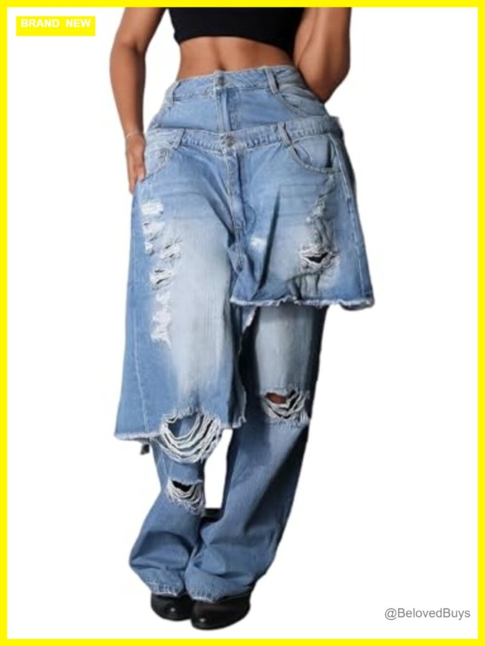 Women's Asymmetrical Patchwork Ripped High Waisted Jeans